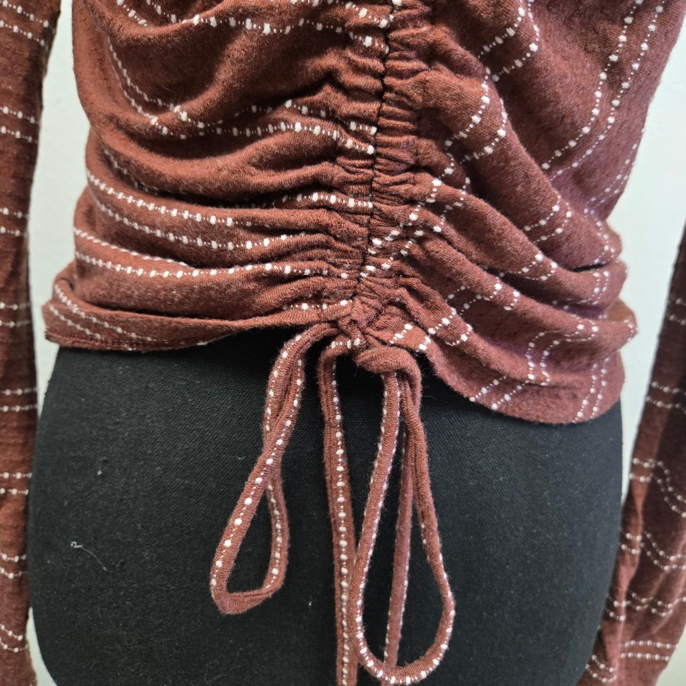 Rust Brown Ruched Drawstring V-Neck Top Cottagecore Boho Dotted Stripe Large - Picture 5 of 9